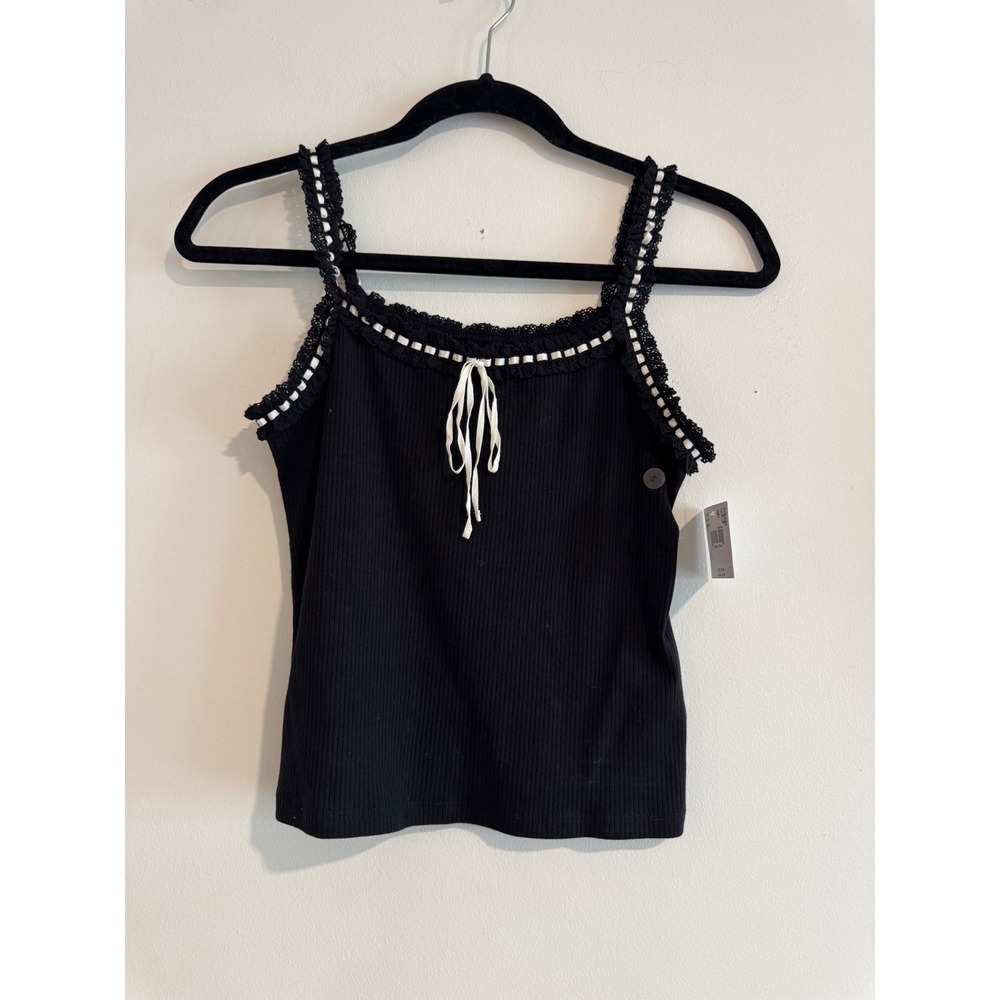 American Eagle Crochet Trim Ribbed Cami Womens Small Black Bow Detail